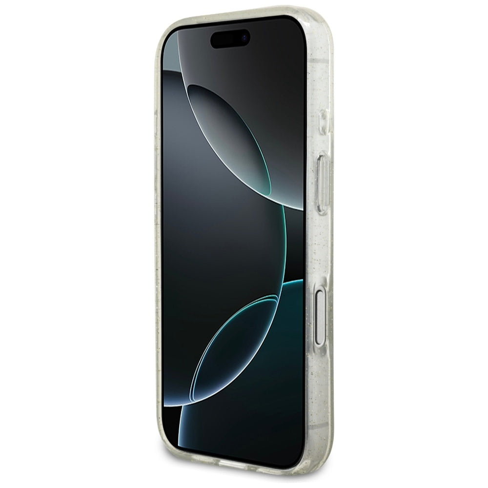 Coque MagSafe pour Apple iPhone 17 Pro, Guess, IML Glitter avec Lanière de Perles, Transparente