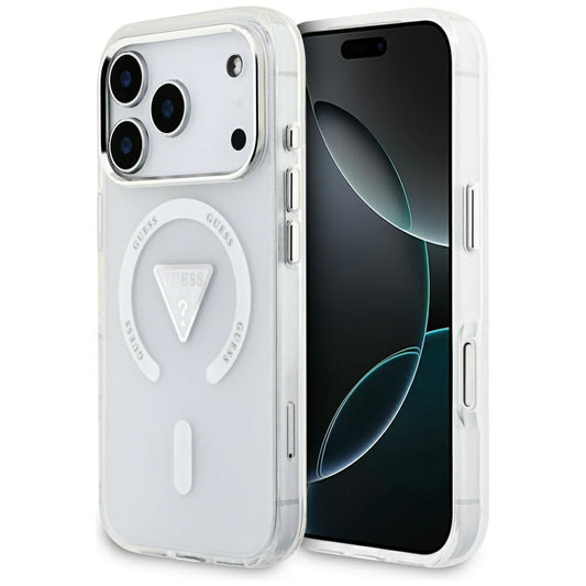 Coque MagSafe pour Apple iPhone 17 Pro, Guess, Logo Triangle Dégradé IML, Transparente