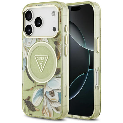 Coque MagSafe pour Apple iPhone 17 Pro, Guess, IML Metal Glitter Flowers Triangle, Vert