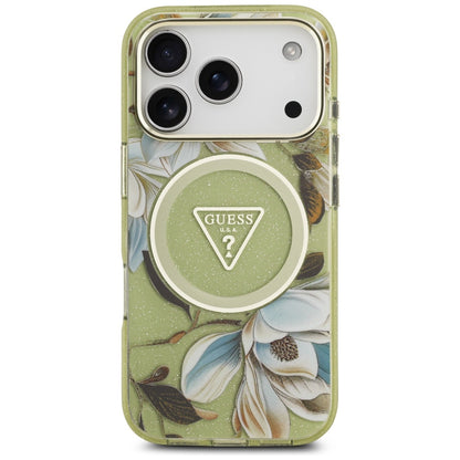 Coque MagSafe pour Apple iPhone 17 Pro, Guess, IML Metal Glitter Flowers Triangle, Vert