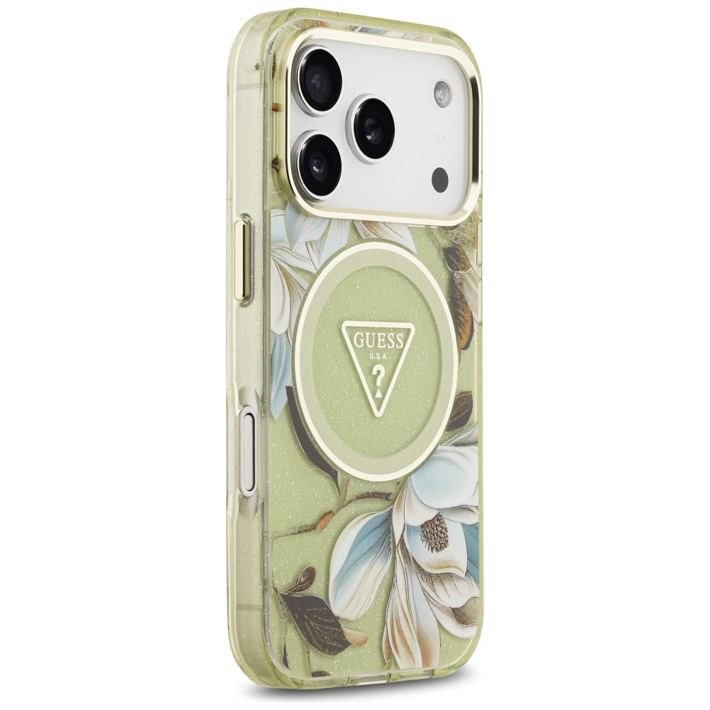 Coque MagSafe pour Apple iPhone 17 Pro, Guess, IML Metal Glitter Flowers Triangle, Vert