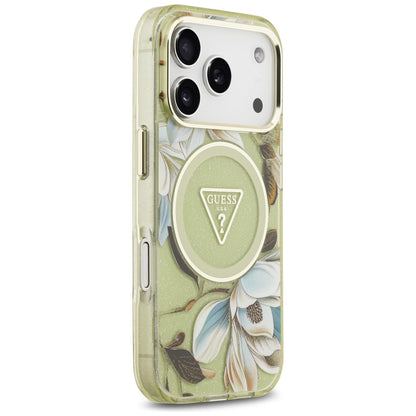 Coque MagSafe pour Apple iPhone 17 Pro, Guess, IML Metal Glitter Flowers Triangle, Vert
