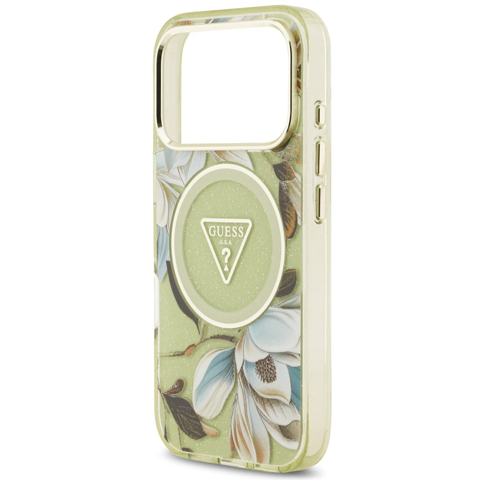 Coque MagSafe pour Apple iPhone 17 Pro, Guess, IML Metal Glitter Flowers Triangle, Vert