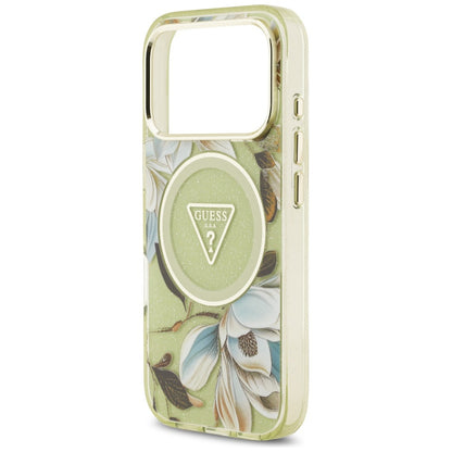 Coque MagSafe pour Apple iPhone 17 Pro, Guess, IML Metal Glitter Flowers Triangle, Vert