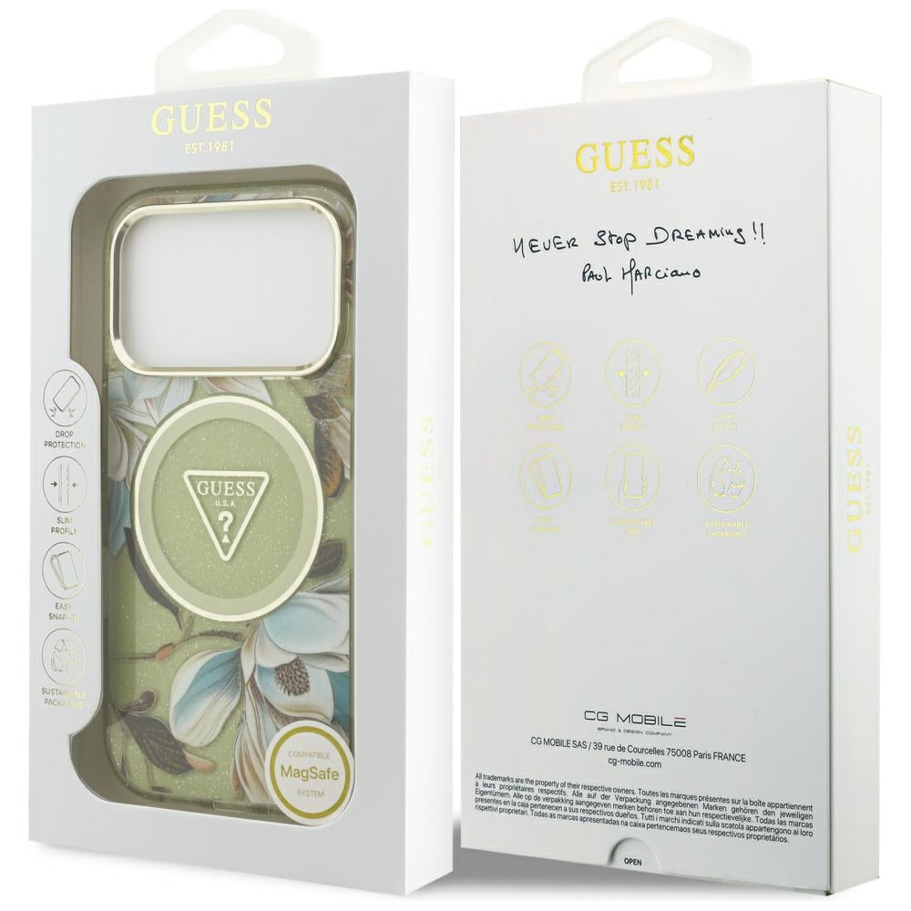 Coque MagSafe pour Apple iPhone 17 Pro, Guess, IML Metal Glitter Flowers Triangle, Vert