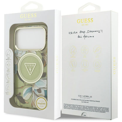 Coque MagSafe pour Apple iPhone 17 Pro, Guess, IML Metal Glitter Flowers Triangle, Vert