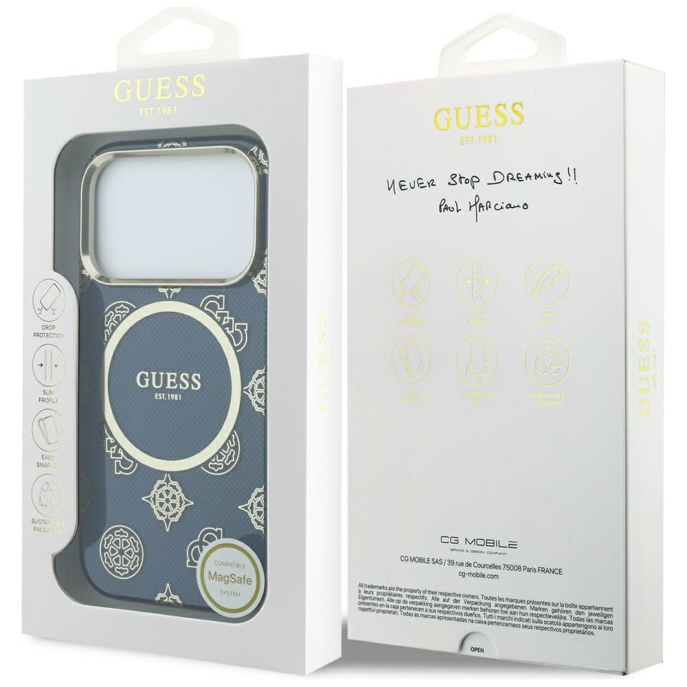 Coque MagSafe pour Apple iPhone 17 Pro, Guess, IML Peony Dot, Bleue