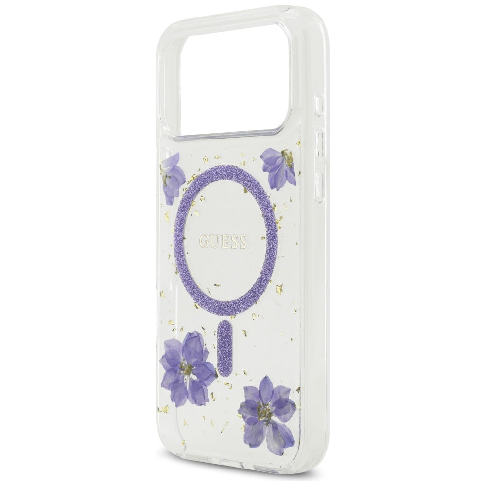 MagSafe Case for Apple iPhone 17 Pro, Guess, Resin Flowers and Glitter, Purple