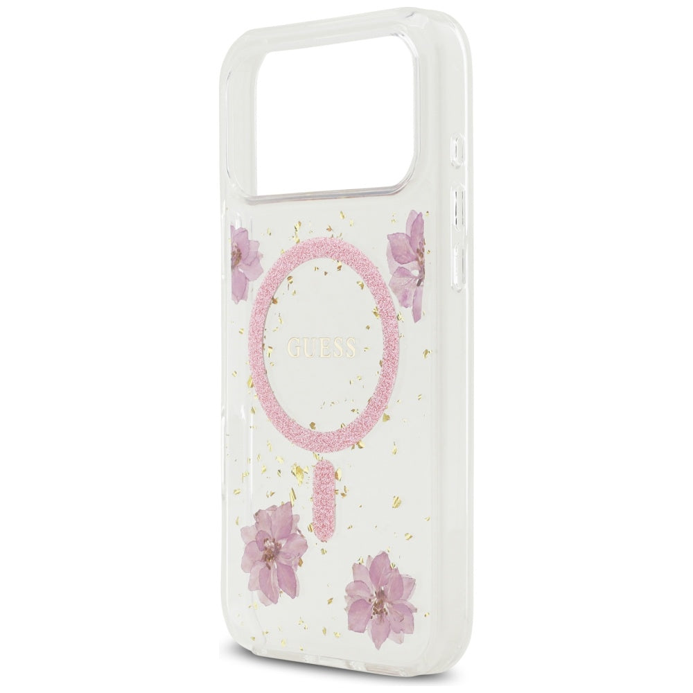 MagSafe Case for Apple iPhone 17 Pro, Guess, Resin Flowers and Glitter, Pink