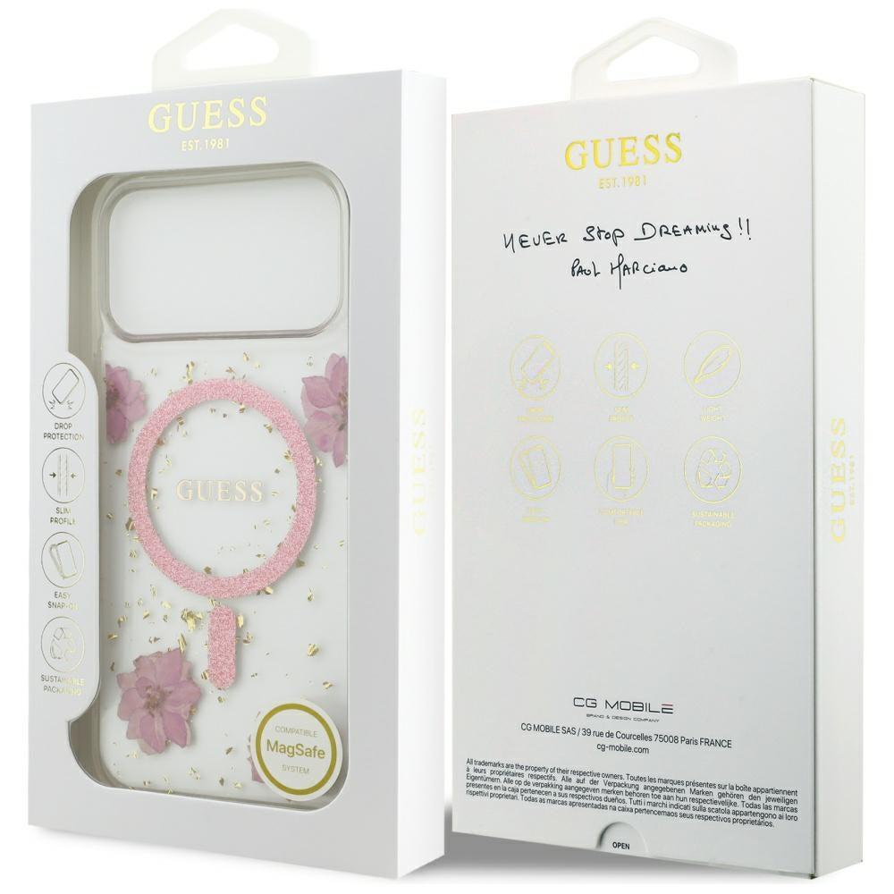 MagSafe Case for Apple iPhone 17 Pro, Guess, Resin Flowers and Glitter, Pink