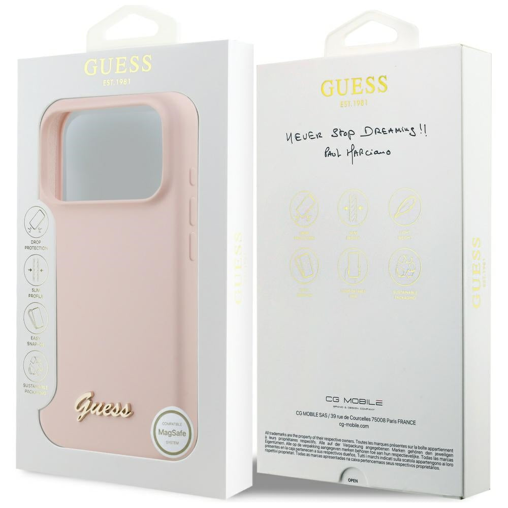 Coque MagSafe pour Apple iPhone 17 Pro, Guess, Script Metal Logo, Rose Clair