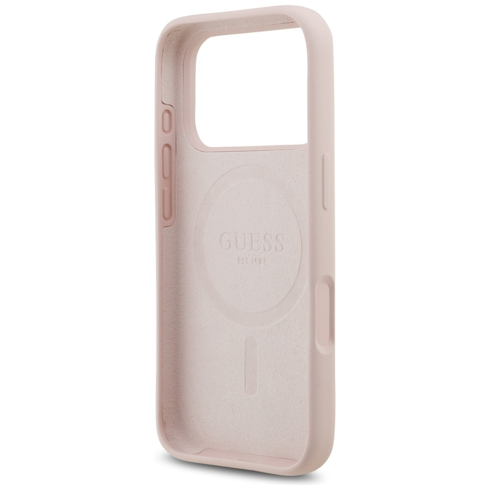 Coque MagSafe pour Apple iPhone 17 Pro, Guess, Script Metal Logo, Rose Clair