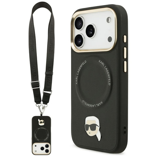 Étui MagSafe pour Apple iPhone 17 Pro, Karl Lagerfeld, Big Strap Karl Metal Logo, Noir