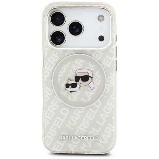 Coque MagSafe pour Apple iPhone 17 Pro, Karl Lagerfeld, Glitter Karl & Choupette Head, Blanche