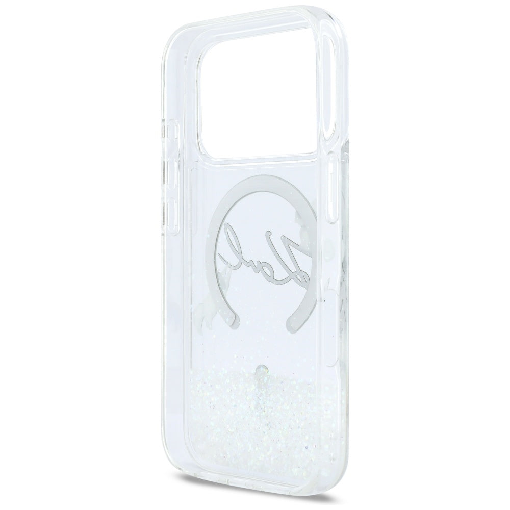 Coque MagSafe pour Apple iPhone 17 Pro, Karl Lagerfeld, Glitter Karl Script Logo, Transparente