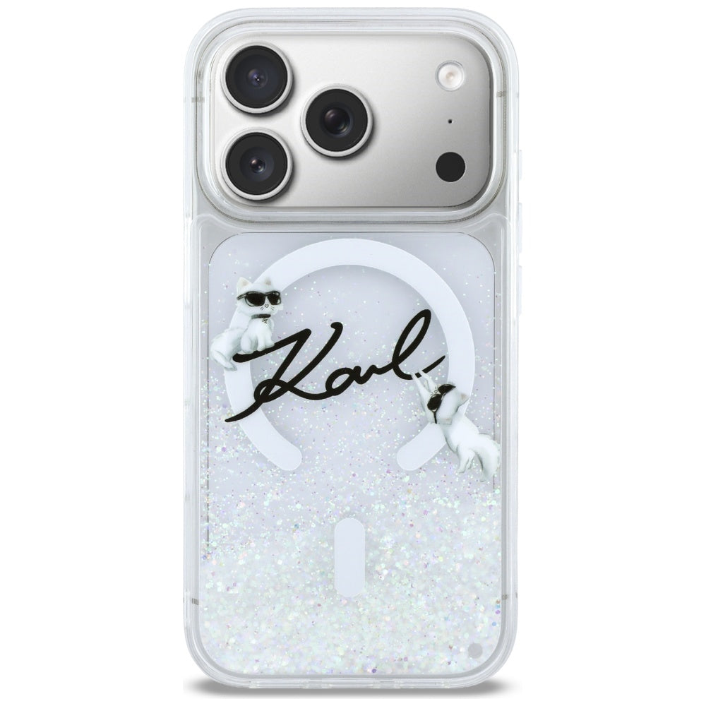 Coque MagSafe pour Apple iPhone 17 Pro, Karl Lagerfeld, Glitter Karl Script Logo, Transparente