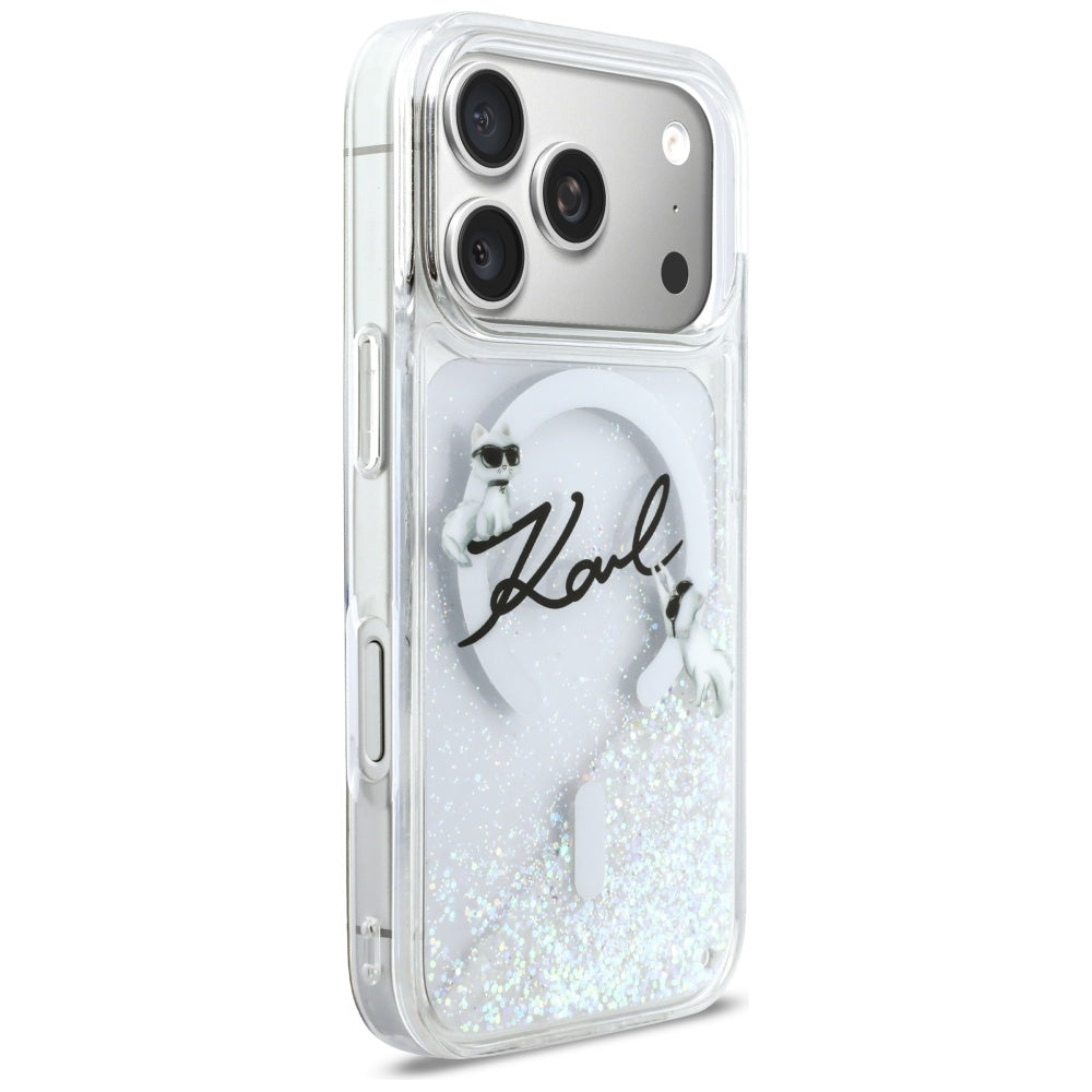 Coque MagSafe pour Apple iPhone 17 Pro, Karl Lagerfeld, Glitter Karl Script Logo, Transparente