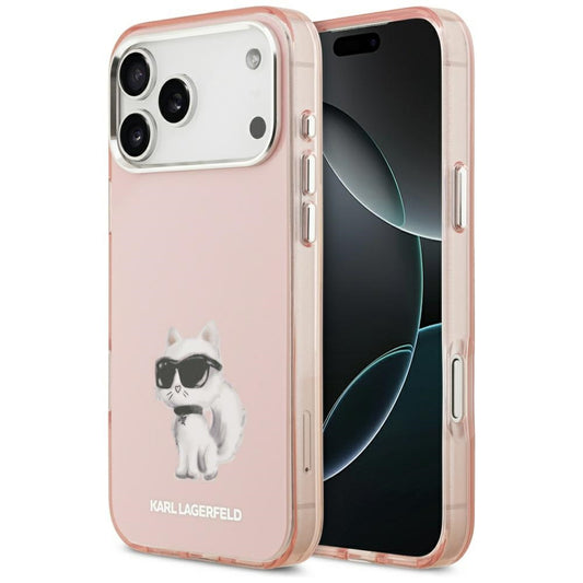 Coque MagSafe pour Apple iPhone 17 Pro, Karl Lagerfeld, IML Aquarelle Logo Choupette, Rose.