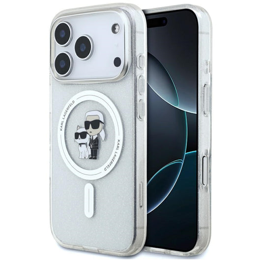 Coque MagSafe pour Apple iPhone 17 Pro, Karl Lagerfeld, IML Glitter Karl & Choupette, Transparente
