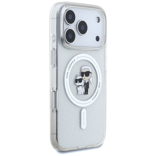 Coque MagSafe pour Apple iPhone 17 Pro, Karl Lagerfeld, IML Glitter Karl & Choupette, Transparente