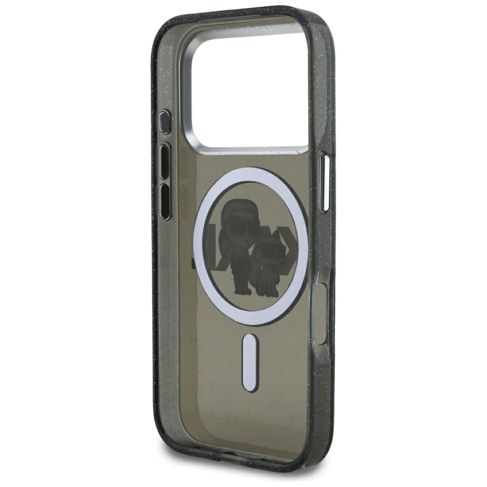 Étui MagSafe pour Apple iPhone 17 Pro, Karl Lagerfeld, IML Sketch Logo Glitter Karl & Choupette, Noir