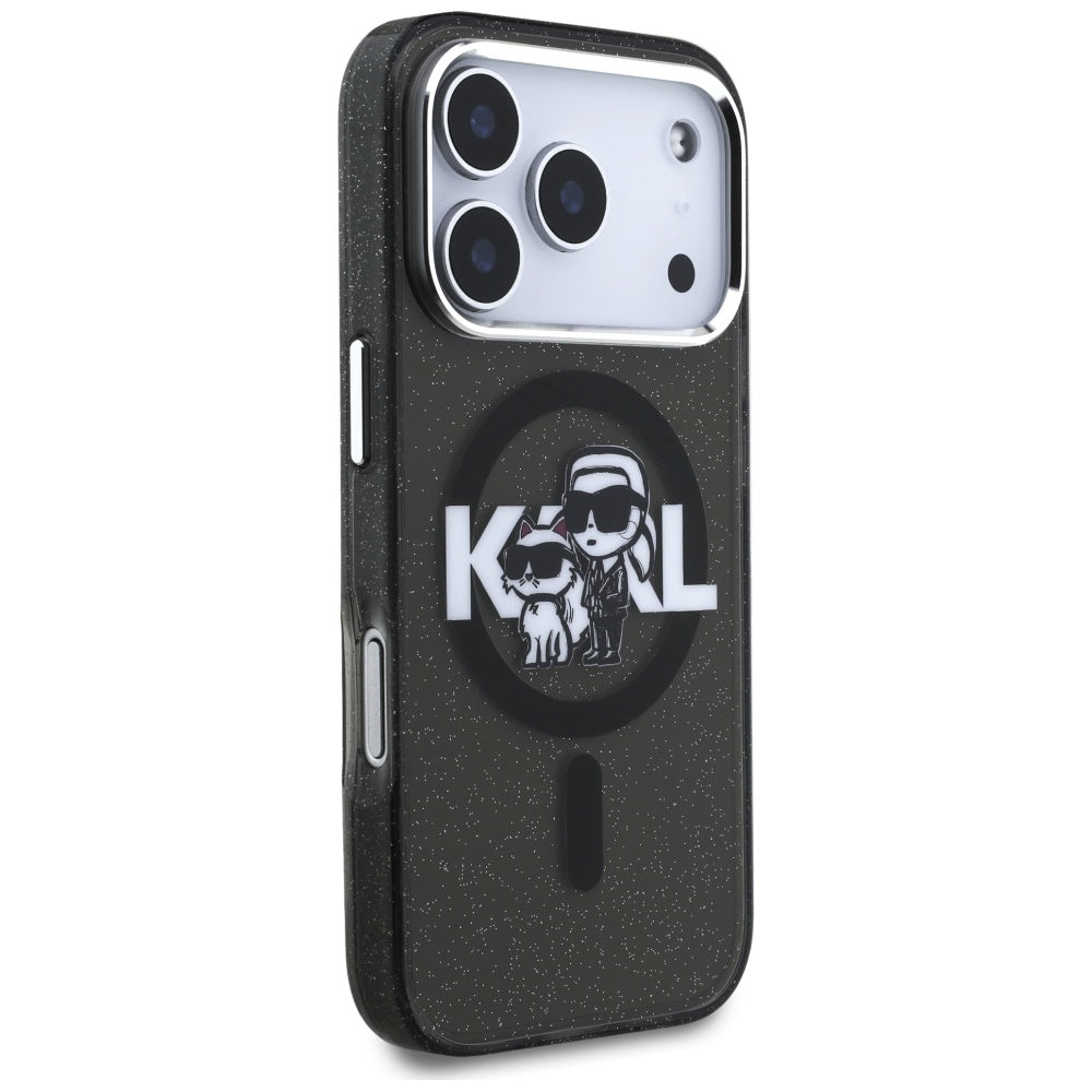 Étui MagSafe pour Apple iPhone 17 Pro, Karl Lagerfeld, IML Sketch Logo Glitter Karl & Choupette, Noir