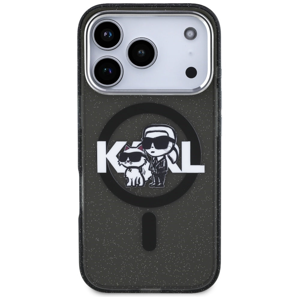 Étui MagSafe pour Apple iPhone 17 Pro, Karl Lagerfeld, IML Sketch Logo Glitter Karl & Choupette, Noir