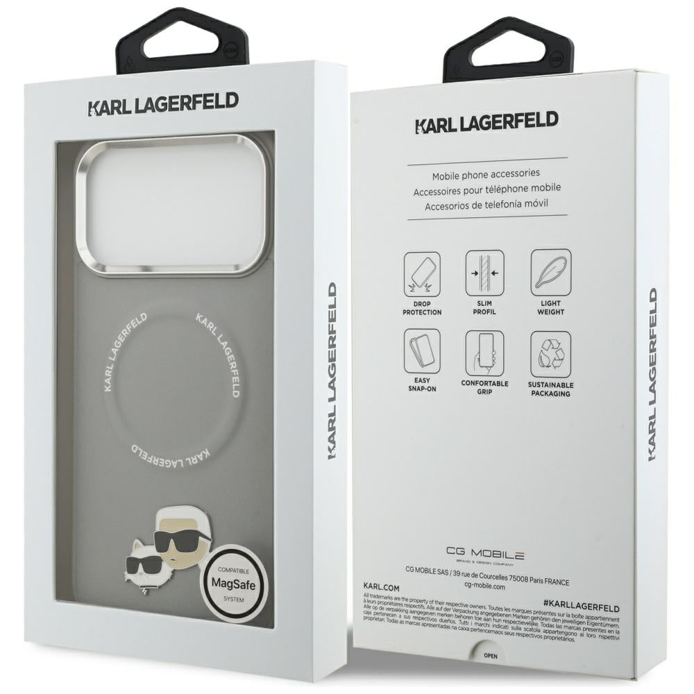 Étui MagSafe pour Apple iPhone 17 Pro, Karl Lagerfeld, Karl & Choupette Pins, Gris