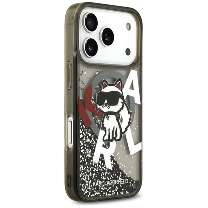 Étui MagSafe pour Apple iPhone 17 Pro, Karl Lagerfeld, Logo Choupette à Paillettes Liquides, Noir