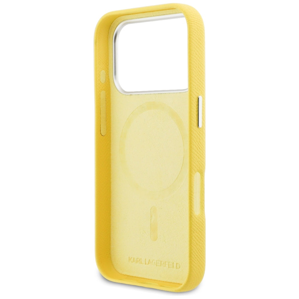 Étui MagSafe pour Apple iPhone 17 Pro, Karl Lagerfeld, Saffiano Karl & Choupette Pins, Jaune