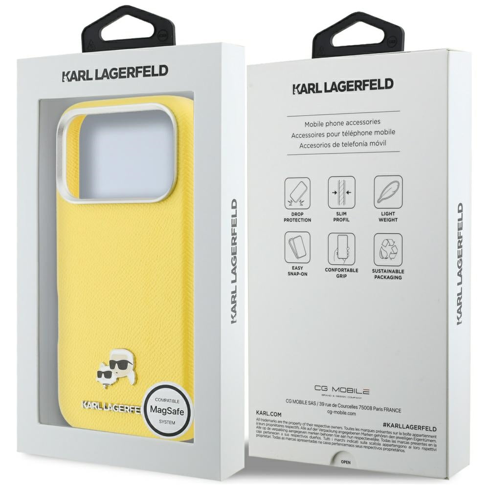 Étui MagSafe pour Apple iPhone 17 Pro, Karl Lagerfeld, Saffiano Karl & Choupette Pins, Jaune