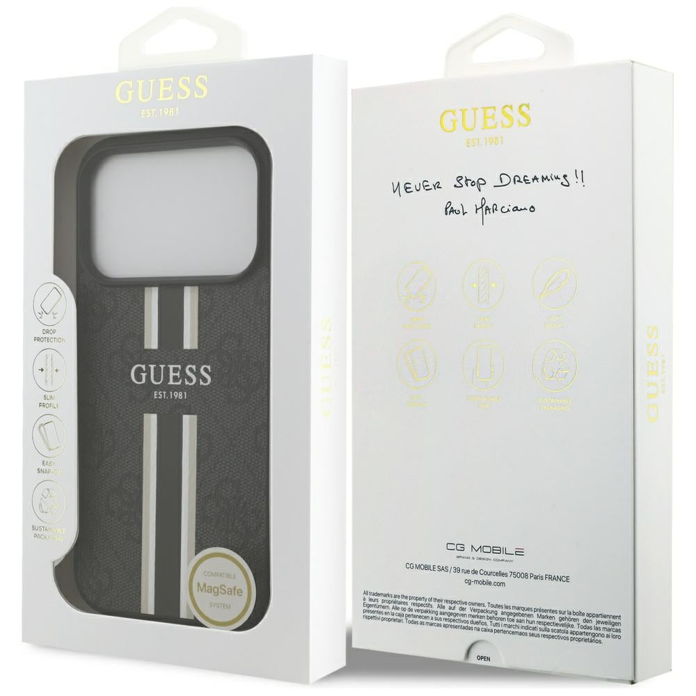 Étui MagSafe pour Apple iPhone 17 Pro Max, Guess, 4G Printed Stripes, Noir