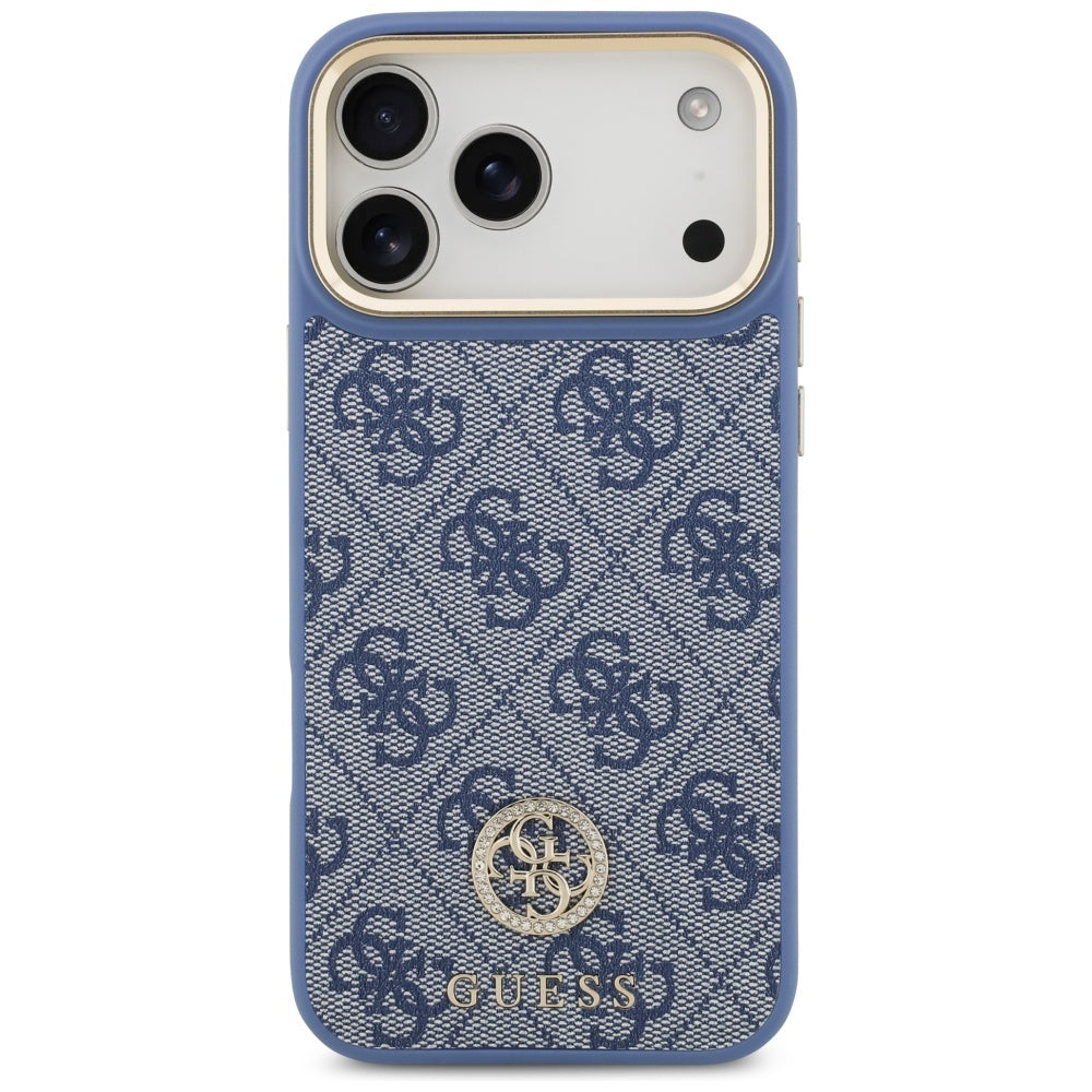 Étui MagSafe pour Apple iPhone 17 Pro Max, Guess, 4G Strass Logo avec grande sangle, Bleu