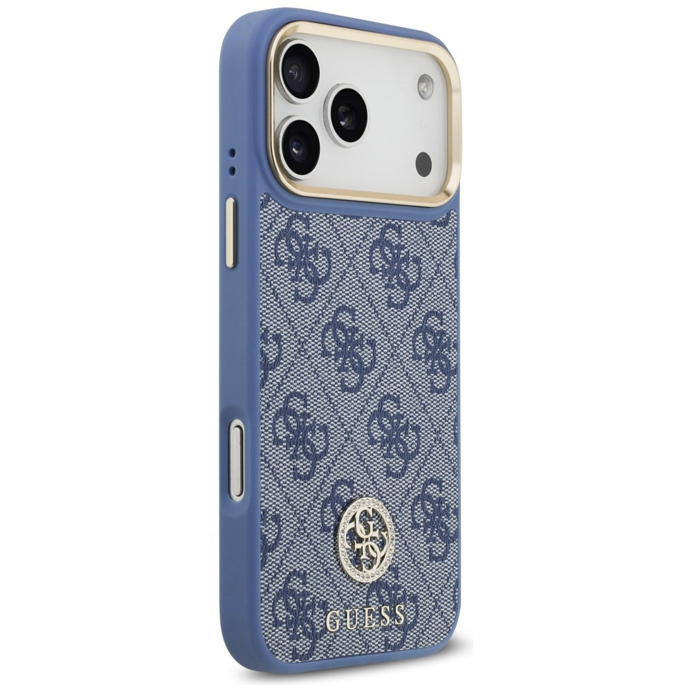 Étui MagSafe pour Apple iPhone 17 Pro Max, Guess, 4G Strass Logo avec grande sangle, Bleu