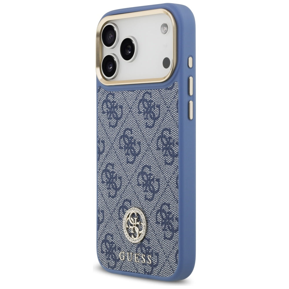 Étui MagSafe pour Apple iPhone 17 Pro Max, Guess, 4G Strass Logo avec grande sangle, Bleu