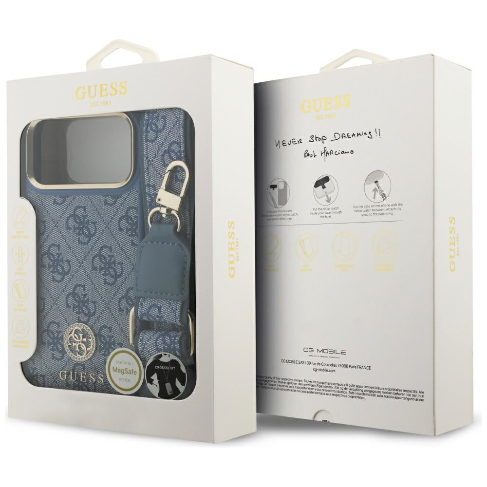 Étui MagSafe pour Apple iPhone 17 Pro Max, Guess, 4G Strass Logo avec grande sangle, Bleu