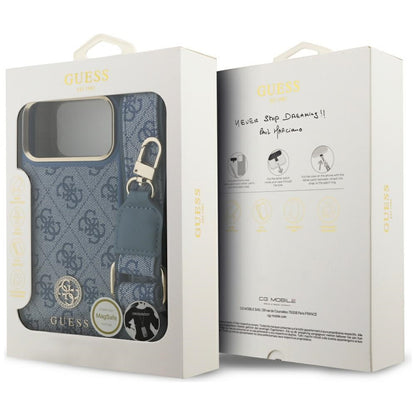 Étui MagSafe pour Apple iPhone 17 Pro Max, Guess, 4G Strass Logo avec grande sangle, Bleu