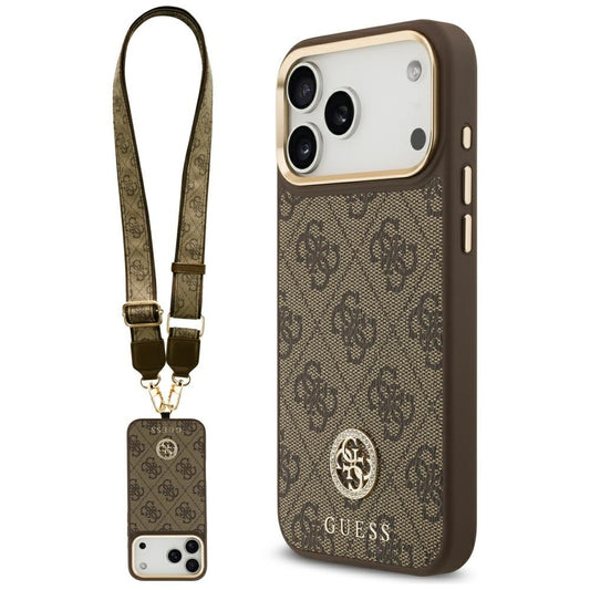 MagSafe Case for Apple iPhone 17 Pro Max, Guess, 4G Strass Logo with Big Strap, Brown
