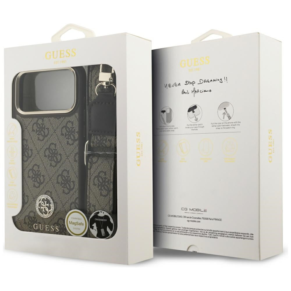 MagSafe Case for Apple iPhone 17 Pro Max, Guess, 4G Strass Logo with Big Strap, Brown