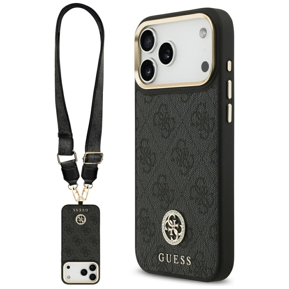 Étui MagSafe pour Apple iPhone 17 Pro Max, Guess, Logo Strass 4G avec Grande Bandoulière, Noir