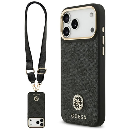 Étui MagSafe pour Apple iPhone 17 Pro Max, Guess, Logo Strass 4G avec Grande Bandoulière, Noir