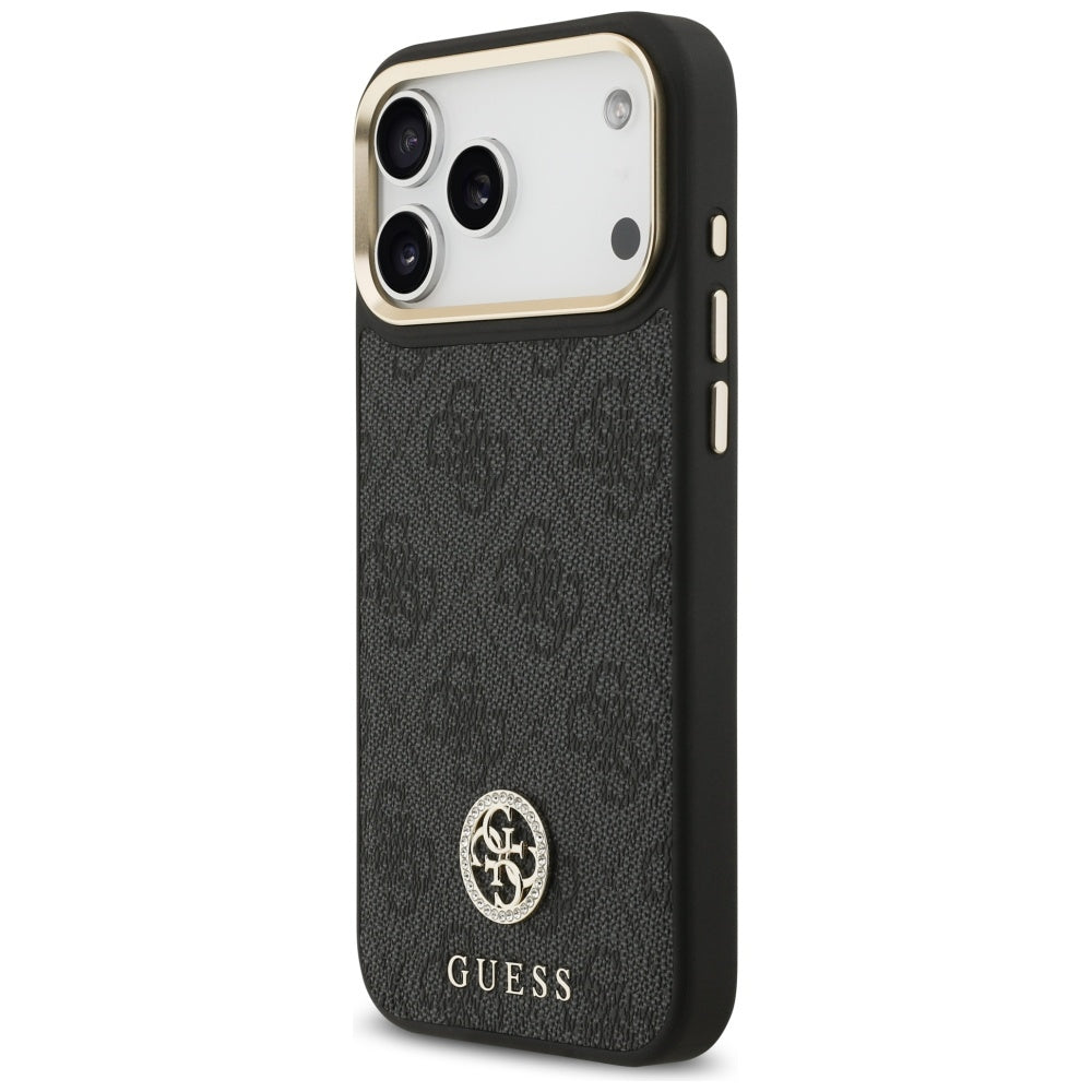 Étui MagSafe pour Apple iPhone 17 Pro Max, Guess, Logo Strass 4G avec Grande Bandoulière, Noir