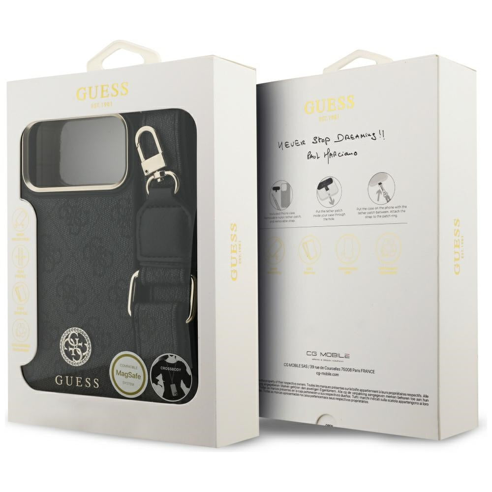 Étui MagSafe pour Apple iPhone 17 Pro Max, Guess, Logo Strass 4G avec Grande Bandoulière, Noir