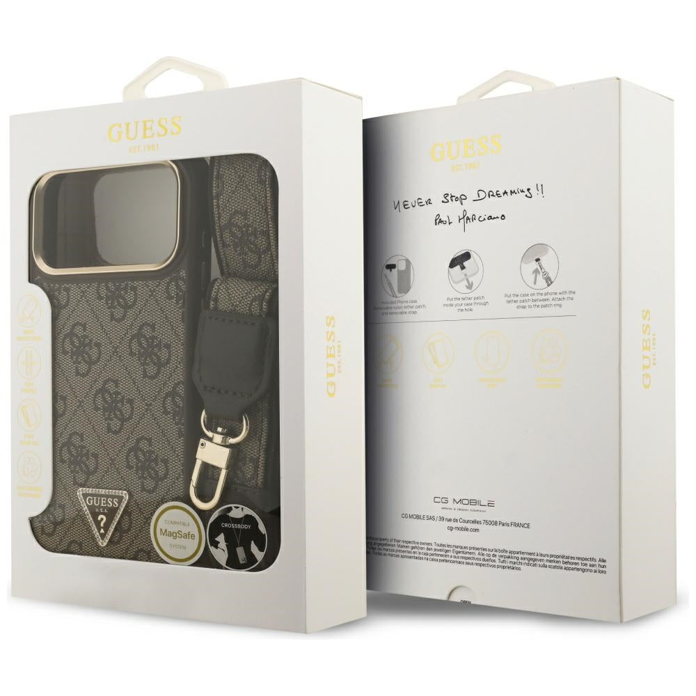 Étui MagSafe pour Apple iPhone 17 Pro Max, Guess, logo Triangle 4G avec grande sangle, Marron
