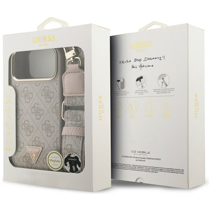 Étui MagSafe pour Apple iPhone 17 Pro Max, Guess, logo Triangle 4G avec grande bandoulière, Rose