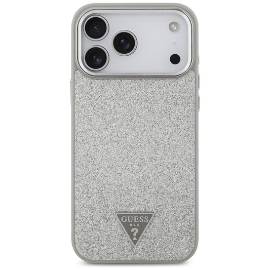 Coque MagSafe pour Apple iPhone 17 Pro Max, Guess, Logo Triangle Pailleté, Argentée