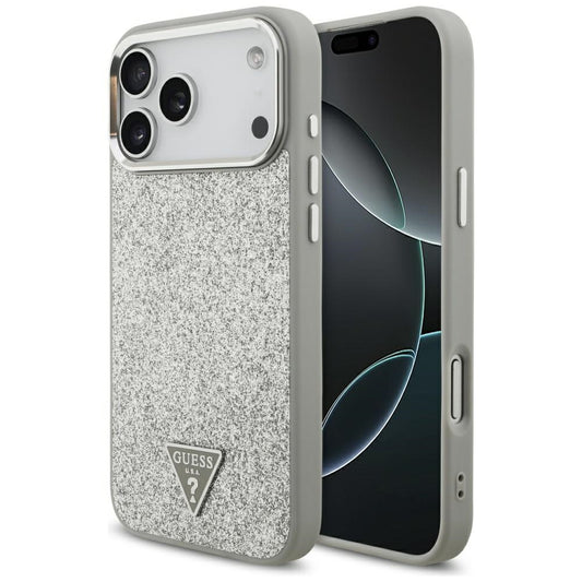 Coque MagSafe pour Apple iPhone 17 Pro Max, Guess, Logo Triangle Pailleté, Argentée