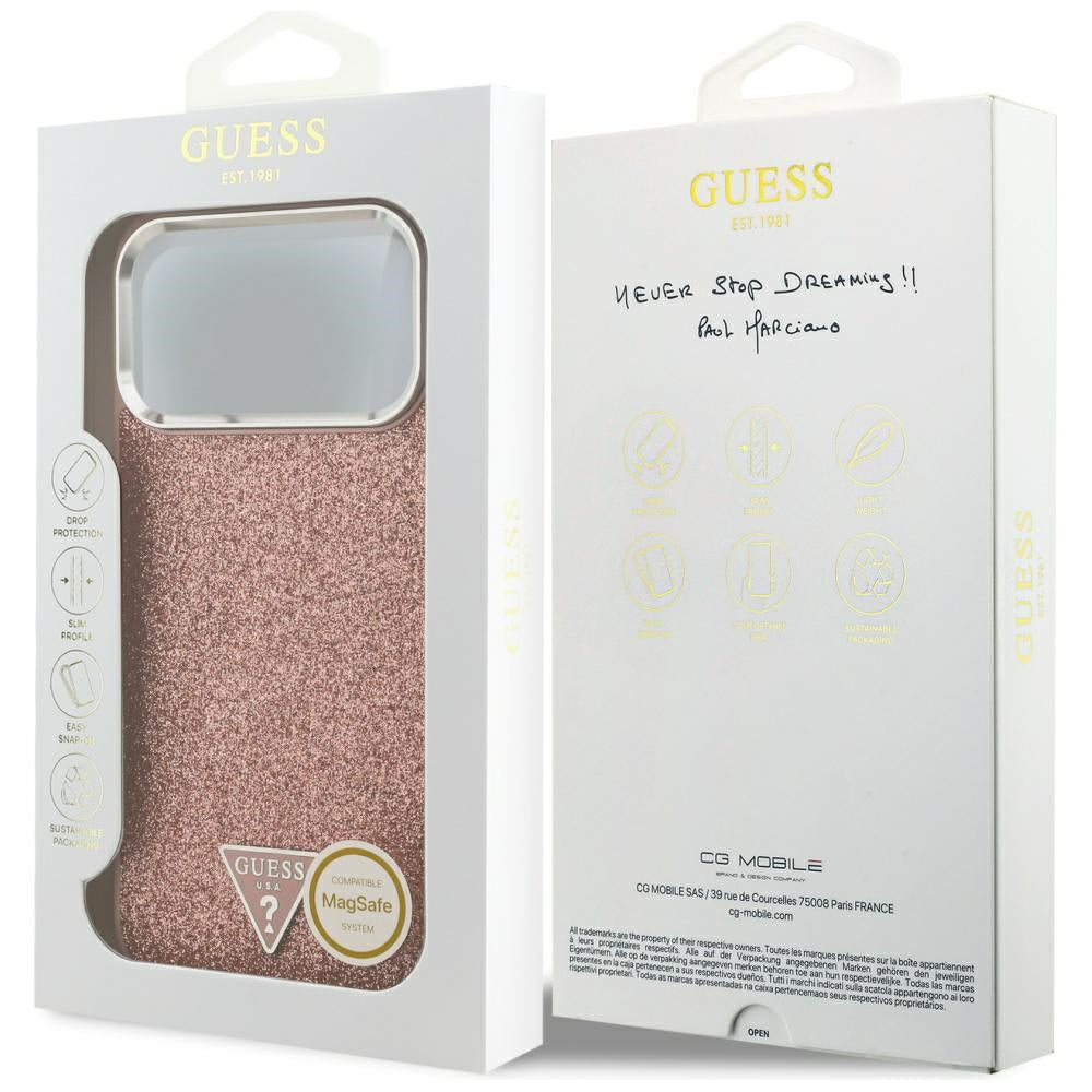 MagSafe Case for Apple iPhone 17 Pro Max, Guess, Glitter Triangle Logo, Pink