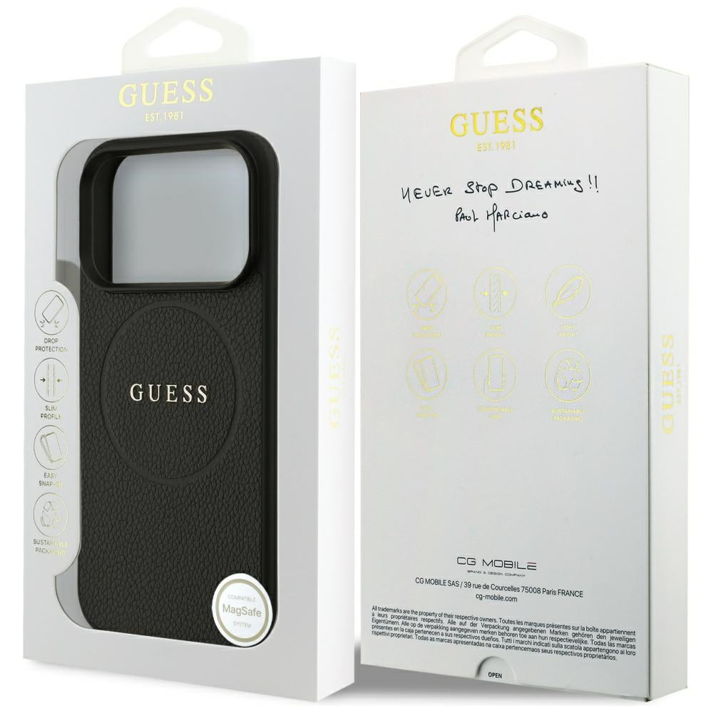 Étui MagSafe pour Apple iPhone 17 Pro Max, Guess, Grained Gold Ring, Noir