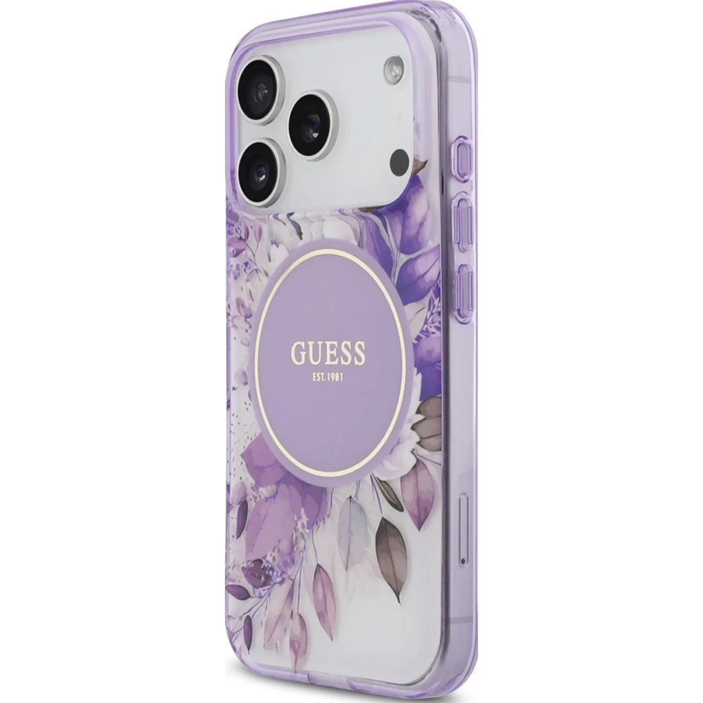 Étui MagSafe pour Apple iPhone 17 Pro Max, Guess, IML Flower & Tonal Circle, Violet